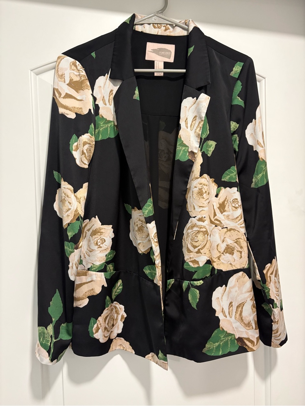Forever 21 Black Satin Blazer with Cream Roses and Green Leaves